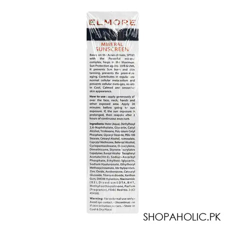 Elmore Elixir Mineral Sunscreen With Vitamin-C, Broad Spectrum, SPF-65, PA+++, Oil & Paraben Free, Water Resistant, 100ml - Image 4