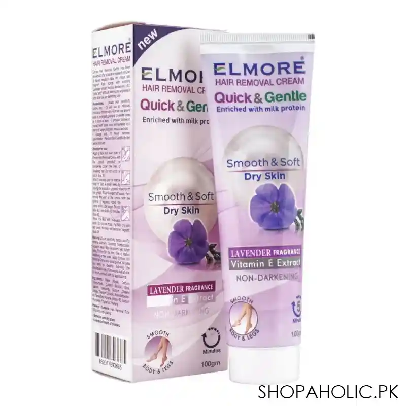 elmore quick & gentle soft & smooth lavender fragrance dry skin hair removal cream, 100g main image