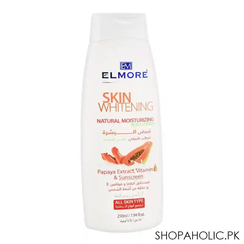 elmore skin whitening natural moisturizing body lotion, papaya, vitamin e & sunscreen, all skin type, 250ml main image