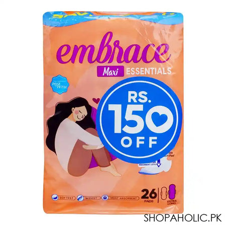 Embrace Essentials Maxi Pads Value Pack, Extra Long, 26-Pack, Rs.150/- Off - Main Image