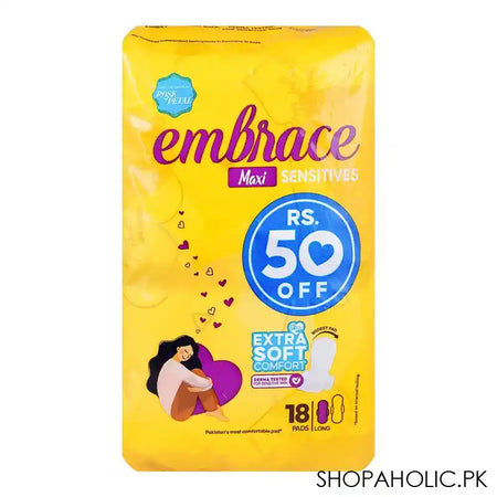 Embrace Maxi Sensitive Comfortable and Extra Soft Long & Widest Pads, Dermatologist-Tested, 18-Pack, Rs.50/- Off - Main Image
