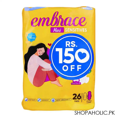 Embrace Sensitive Maxi Pads, Extra Long, Value Pack, 26-Pack, Rs.150/- Off - Main Image