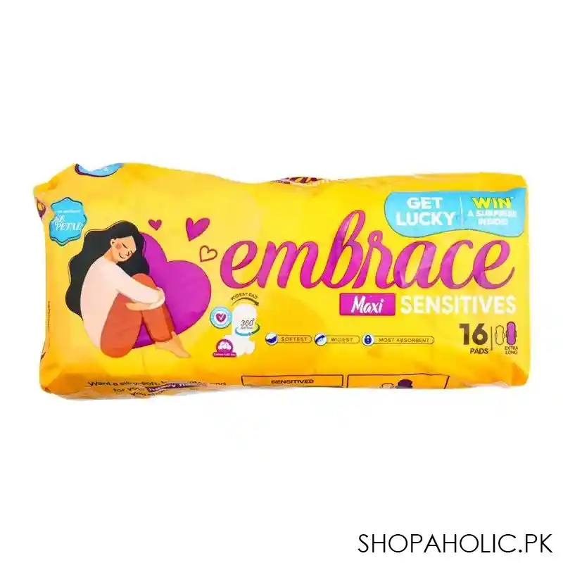 embrace sensitives maxi pads, extra long, 16 pack main image