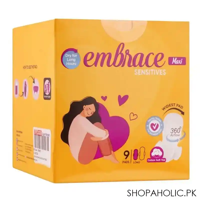 embrace sensitives maxi pads, long, 9 pack main image