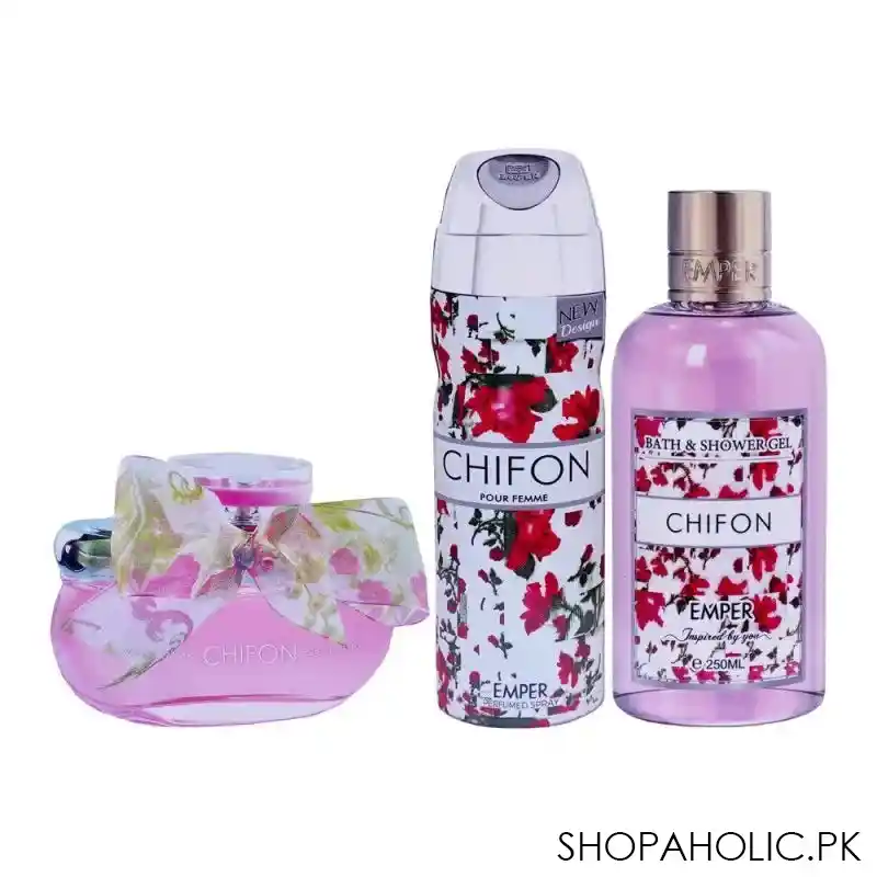 emper chifon pour femme emper set for women, eau de toilette 100ml + deo 200ml + shower gel, 250ml main image