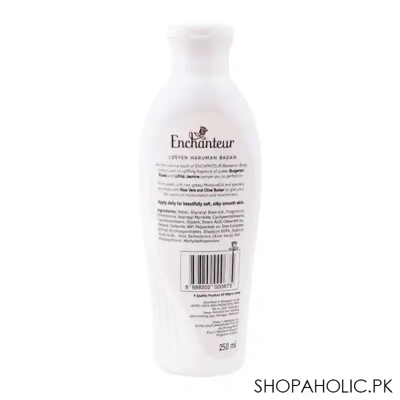enchanteur romantic moisture silk perfumed body lotion, aloe vera & olive butter, 250ml image2