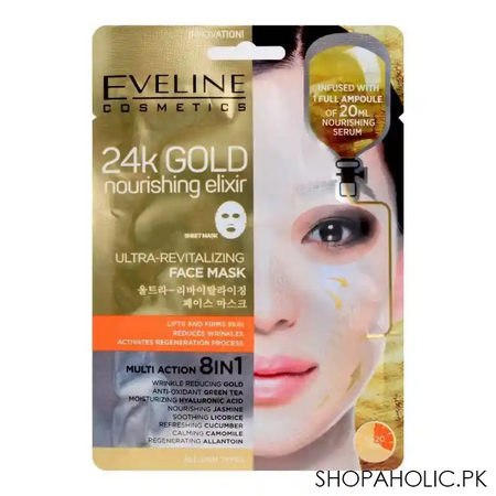 eveline 24k gold nourishing elixir 8 in 1 ultra revitalizing face mask, all skin types main image