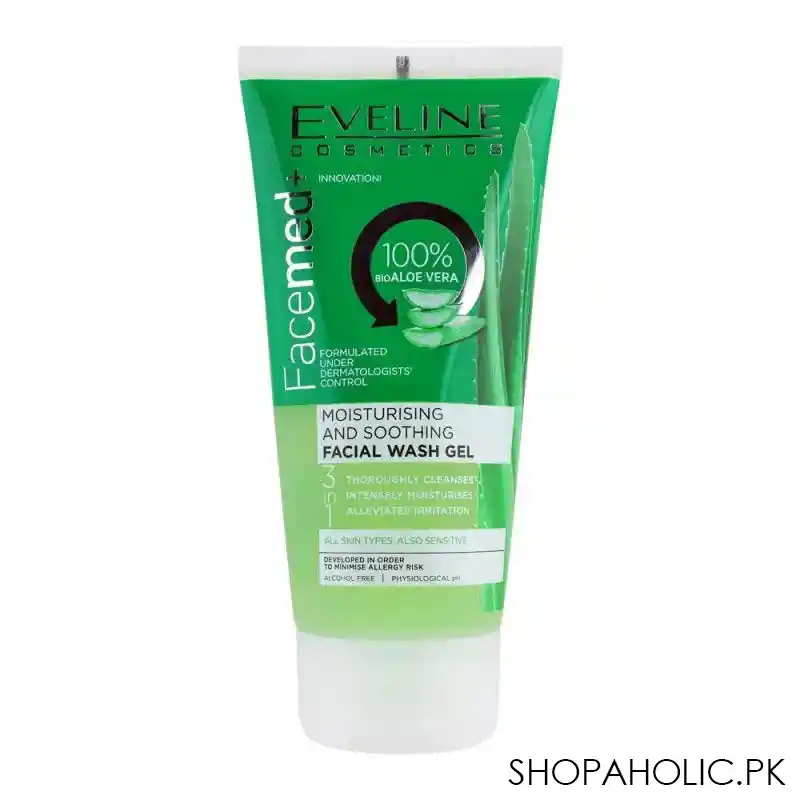 eveline 3 in 1 facemed 100% bio aloe vera moisturising and soothing facial wash gel, alcohol free, all skin types, 150ml main image
