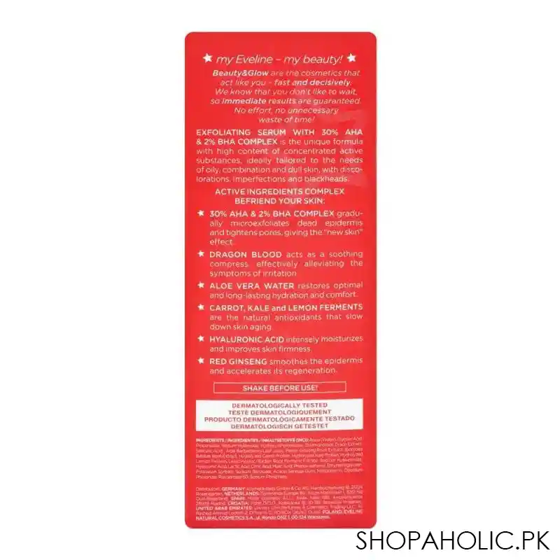 eveline beauty & glow dragon blood exfoliating serum with 30% aha & 2% bha complex, 18ml image2