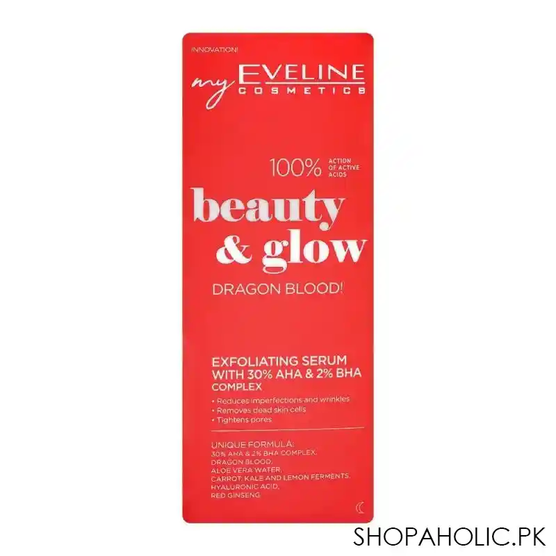eveline beauty & glow dragon blood exfoliating serum with 30% aha & 2% bha complex, 18ml main image