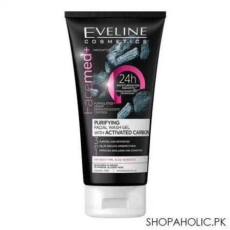 eveline facemed+ 3 in 1 purifying facial wash gel, with activated carbon, alcohol free, all skin types, 150ml main image