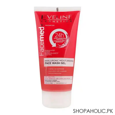 eveline facemed+ hyaluronic 3 in 1 moisturising face wash gel, alcohol free, all skin types, 150ml main image