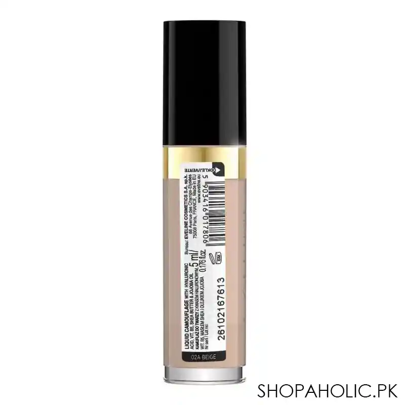 eveline liquid camouflage hd long lasting 24h full coverage concealer, 02a, beige image3