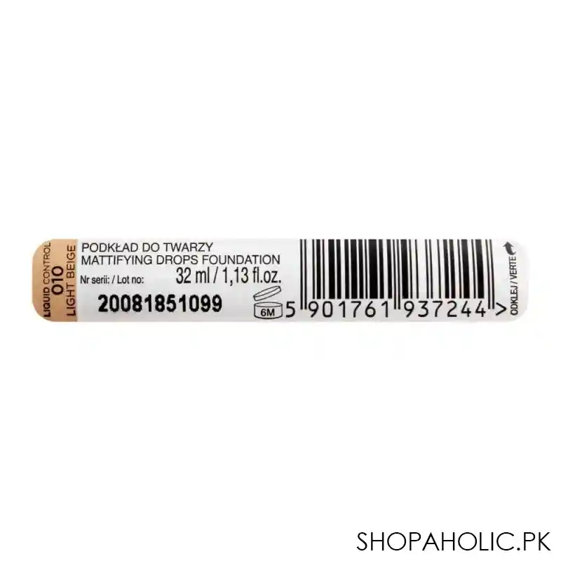 eveline liquid control hd long lasting 24h mattifying drop foundation, 010 light beige image5