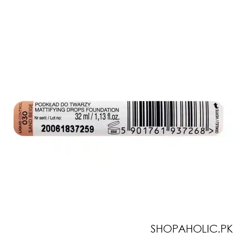 eveline liquid control hd long lasting 24h mattifying drop foundation, 030 sand beige image5