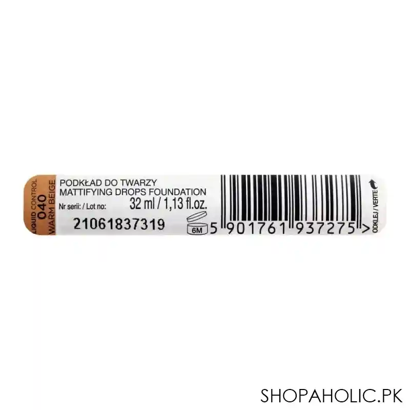 eveline liquid control hd long lasting 24h mattifying drop foundation, 040 warm beige image5