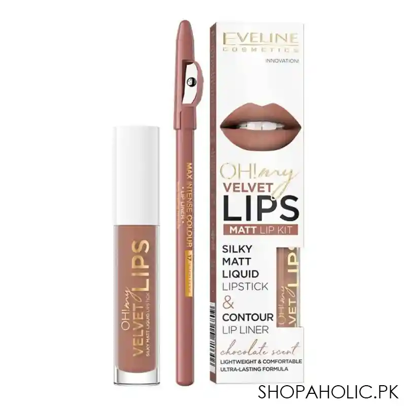 eveline oh my velvet lips silky matt liquid lipstick & contour lip liner, 14, choco truffle main image