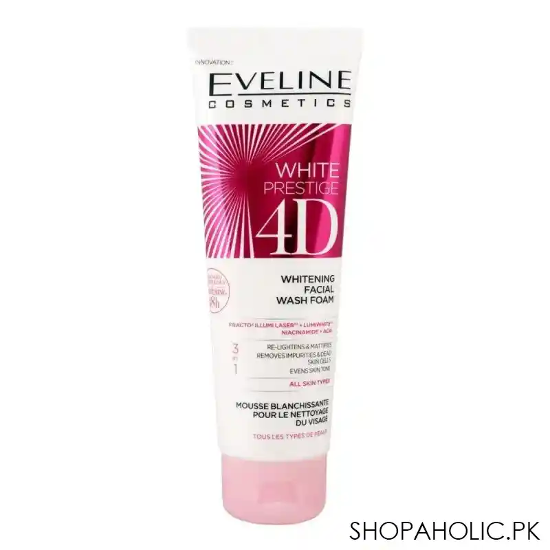 eveline white prestige 4d 3 in 1 whitening facial wash foam, all skin types, 100ml main image