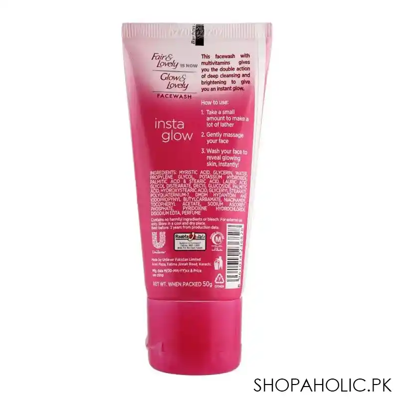 fair & lovely is now glow & lovely insta glow face wash, all skin types, 50g image2