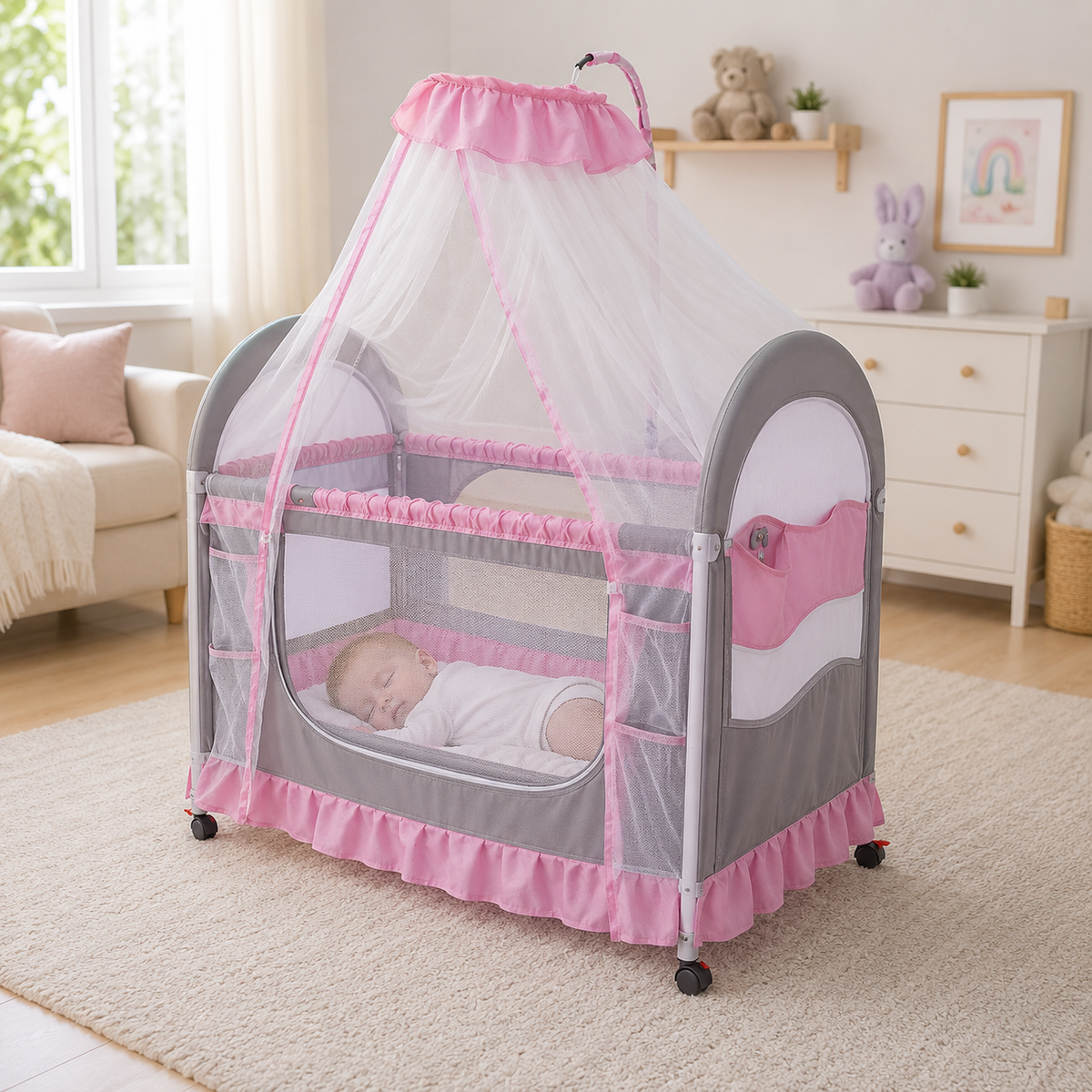 Baby Mosquito Net Playpen Cot - Pink