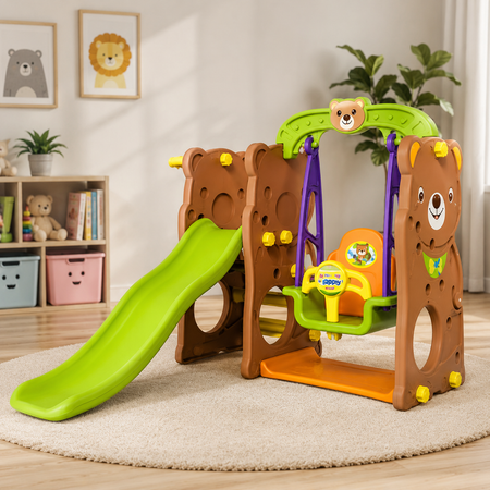 Kids Multifunctional Bear Slide And Swing Playset