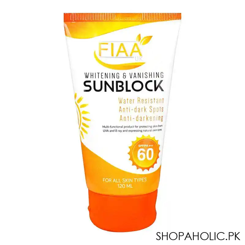 FIAA Whitening & Vanishing Sunblock, SPF60, PA+++, Water Resistant Sunscreen, For All Skin Types, 120ml - Main Image