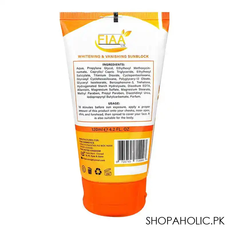 FIAA Whitening & Vanishing Sunblock, SPF60, PA+++, Water Resistant Sunscreen, For All Skin Types, 120ml - Image 2