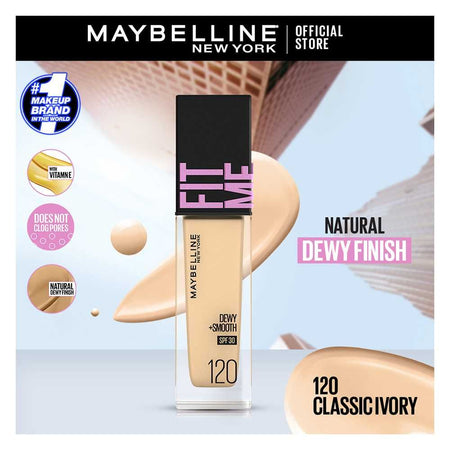 Maybelline New York Fit Me Dewy + Smooth SPF 30 Foundation Pump, 120 Classic Ivory, 30ml - Main Image