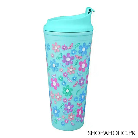 Floral BPA Free Plastic Water Bottle With Straw, Green, 900ml Capacity, NL1301 - Image 2