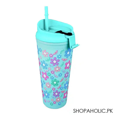 Floral BPA Free Plastic Water Bottle With Straw, Green, 900ml Capacity, NL1301 - Main Image