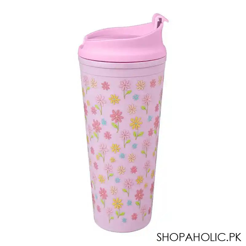 Floral BPA Free Plastic Water Bottle With Straw, Light Pink, 900ml Capacity, NL1301 - Image 2