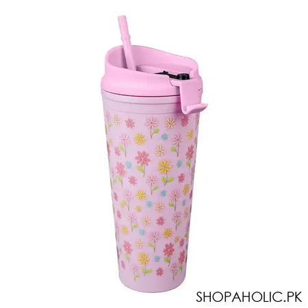 Floral BPA Free Plastic Water Bottle With Straw, Light Pink, 900ml Capacity, NL1301 - Main Image