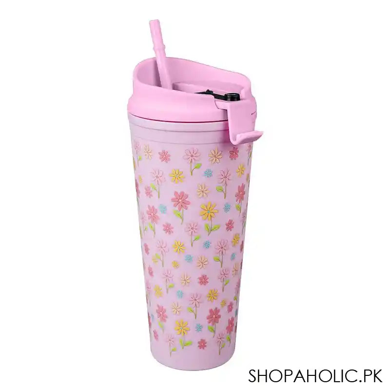 Floral BPA Free Plastic Water Bottle With Straw, Light Pink, 900ml Capacity, NL1301 - Main Image
