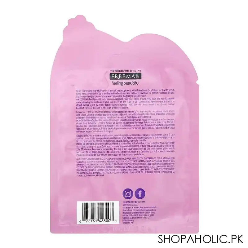 Freeman Calming Lotus + Lavender Oil Sheet Mask, Instantly Soothes + Balances For Renewed Skin, 25ml - Image 2