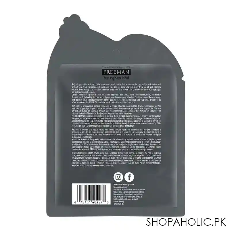 freeman detoxifying charcoal + sea salt sheet mask, instant removes impurities, protects & nourishes for renewed skin, anti pollution, 25ml image2