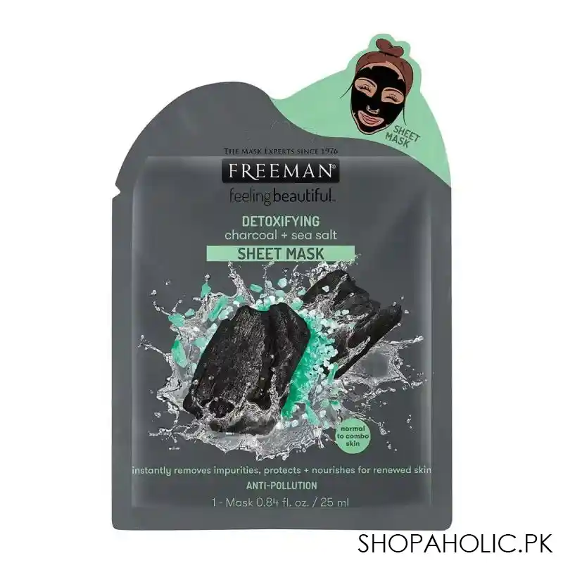 freeman detoxifying charcoal + sea salt sheet mask, instant removes impurities, protects & nourishes for renewed skin, anti pollution, 25ml main image