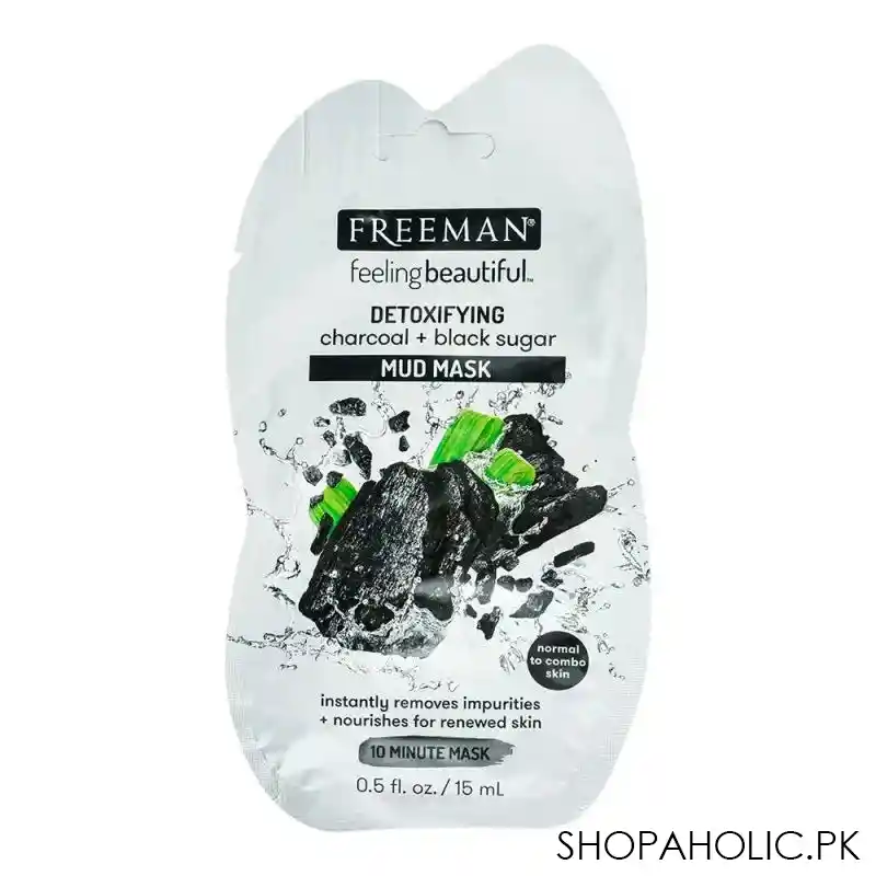 freeman feeling beautiful detoxifying charcoal + black sugar mud face mask, normal to combo skin, 15ml main image