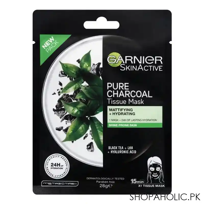 garnier skin active pure charcoal tissue mask, shine prone skin, 28g image2