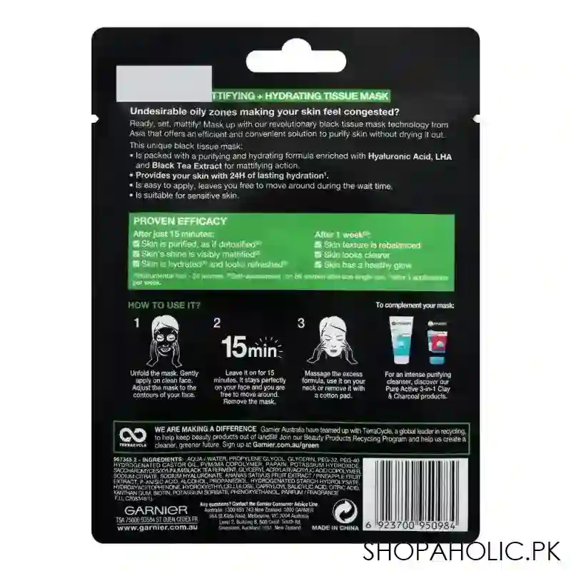 garnier skin active pure charcoal tissue mask, shine prone skin, 28g image3
