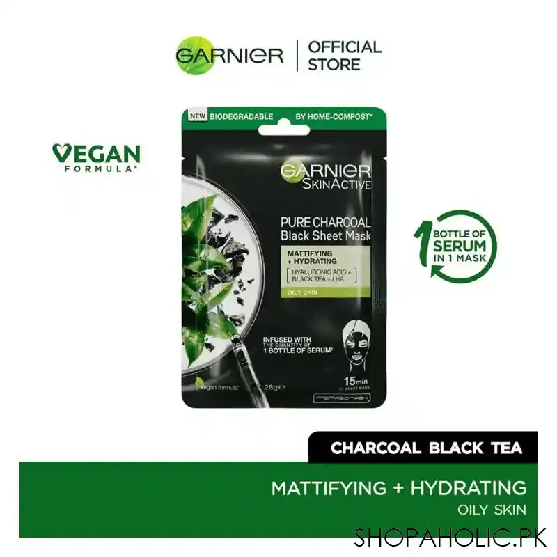 garnier skin active pure charcoal tissue mask, shine prone skin, 28g main image