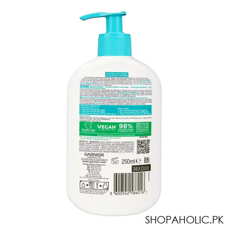 Garnier Skin Active Soothing Hyaluronic Aloe Cream Cleanser, PH Neutral, For Dehydrated Skin, 250ml - Image 3