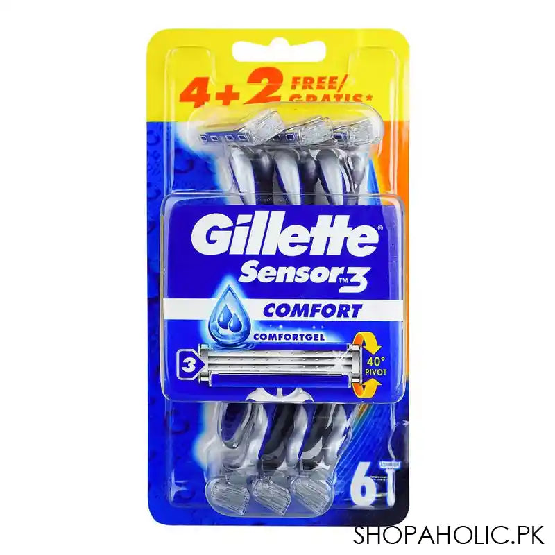 Gillette Sensor-3 Comfort Razor, For Men, 3 Skin Sensing Blades, 4+2 Free Gratis, 6-Pack - Main Image