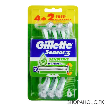Gillette Sensor-3 Sensitive Razor, For Men, 3 Skin Sensing Blades, 4+2 Free Gratis, 6-Pack - Main Image