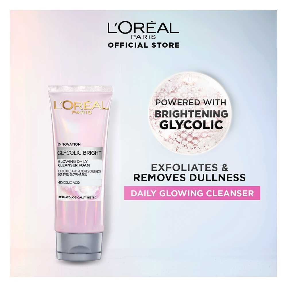 L'Oreal Paris Glycolic-Bright Glowing Daily Face Wash, For Even Glowing Skin, 100ml - Brightening, Dark Spots, Glowing Skin - Main Image