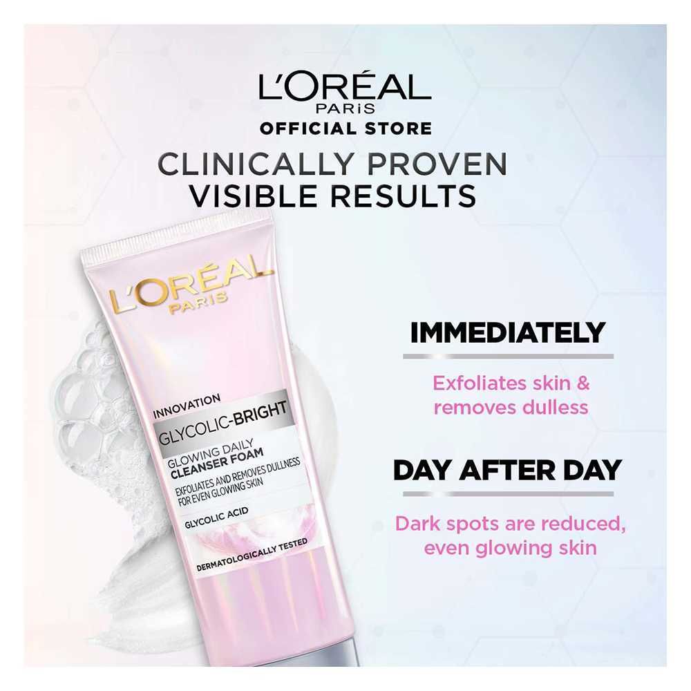 L'Oreal Paris Glycolic-Bright Glowing Daily Face Wash, For Even Glowing Skin, 100ml - Brightening, Dark Spots, Glowing Skin - Image 4