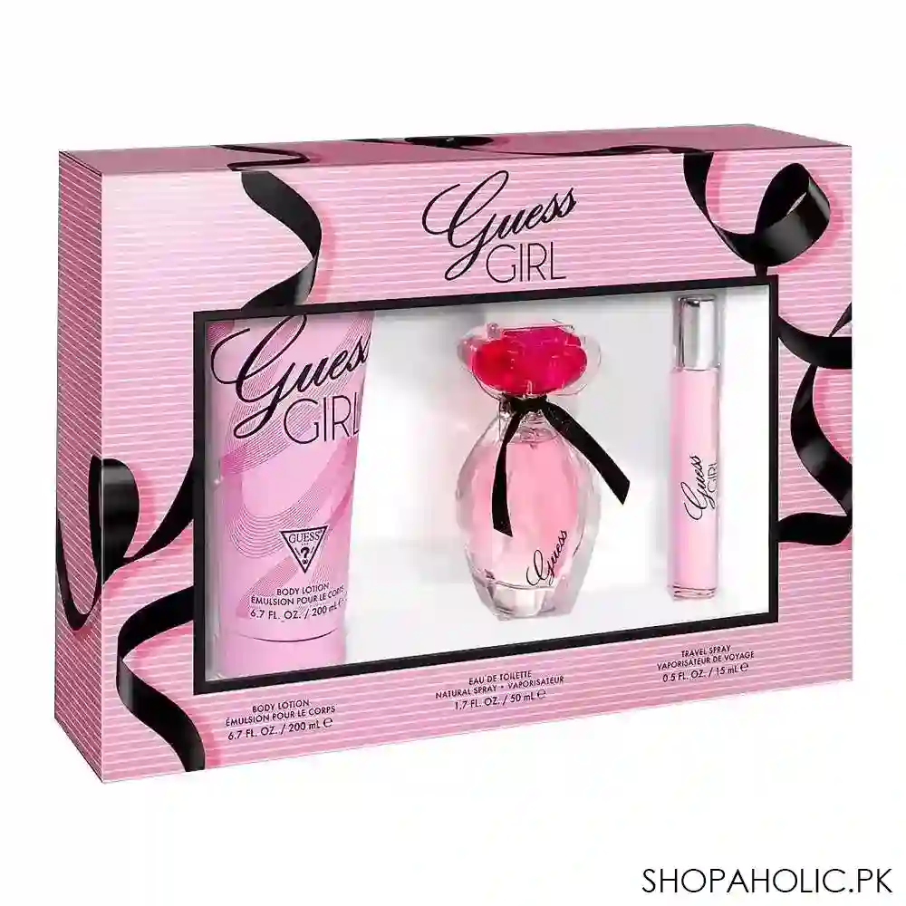 guess girl gift set for women, eau de toilette 100ml + body lotion 200ml + travel spray 15ml image2