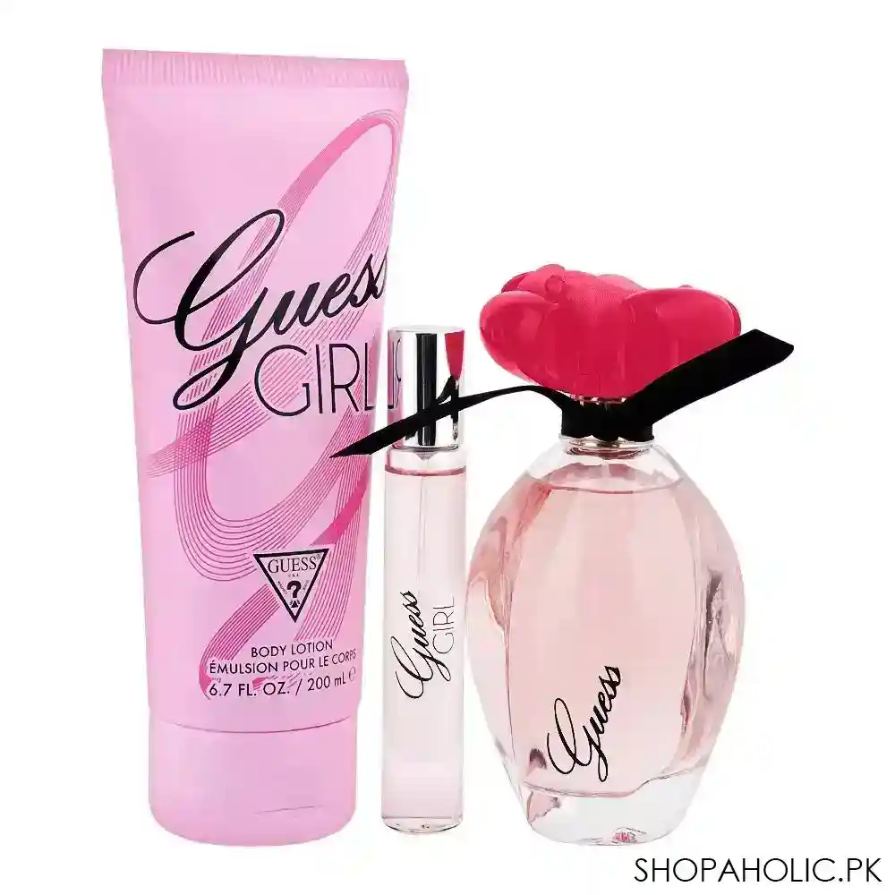 guess girl gift set for women, eau de toilette 100ml + body lotion 200ml + travel spray 15ml main image