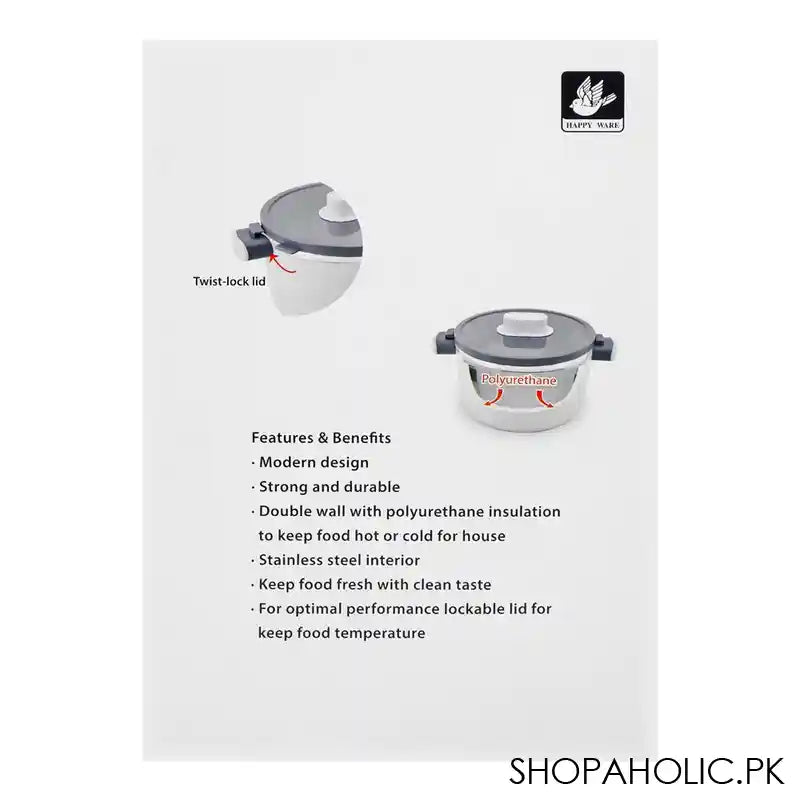 Happy Ware Forte Warmer Pot With Twist-Lock Lid, 1.8 Liter Capacity, 9.8in x 7.1in x 5.3in, Grey, SU-647 - Image 5