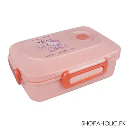Hello Kitty Plastic Lunch Box, 3 Compartments, Spoon & Fork, 1100ml, Pink, 7.3in (H) x 4.5in (W) x 2.2in (D), Tq-158 - Main Image
