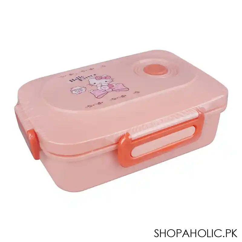 Hello Kitty Plastic Lunch Box, 3 Compartments, Spoon & Fork, 1100ml, Pink, 7.3in (H) x 4.5in (W) x 2.2in (D), Tq-158 - Main Image
